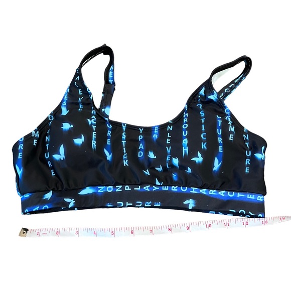 Blue Black Colorblock Matrix Futuristic Asymmetrical Crop Top & Biker Shorts Set - Picture 13 of 15